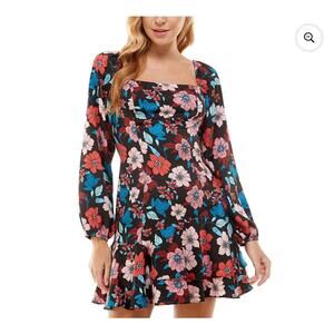 CITY STUDIO Women's Black Zip Up Lined Ruffle Floral Long Sleeve Square Neck Sho